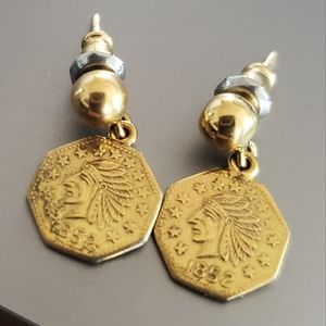 Vintage Gold Plated California Gold "Indian Head" Collectible Token Earrings
